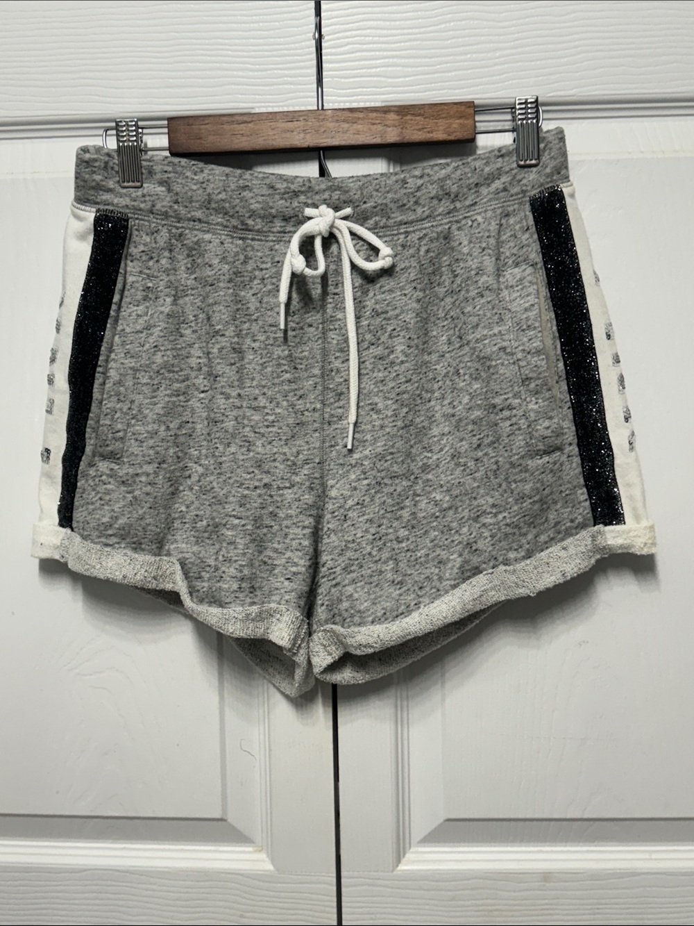 PINK Victoria's Secret Gray Terry Shorts with Black Glitter Stripes Size Medium